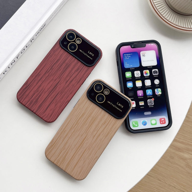 For iPhone 14 Wood Grain TPU Phone Case with Lens Film(Brown) - iPhone 14 Cases by buy2fix | Online Shopping UK | buy2fix