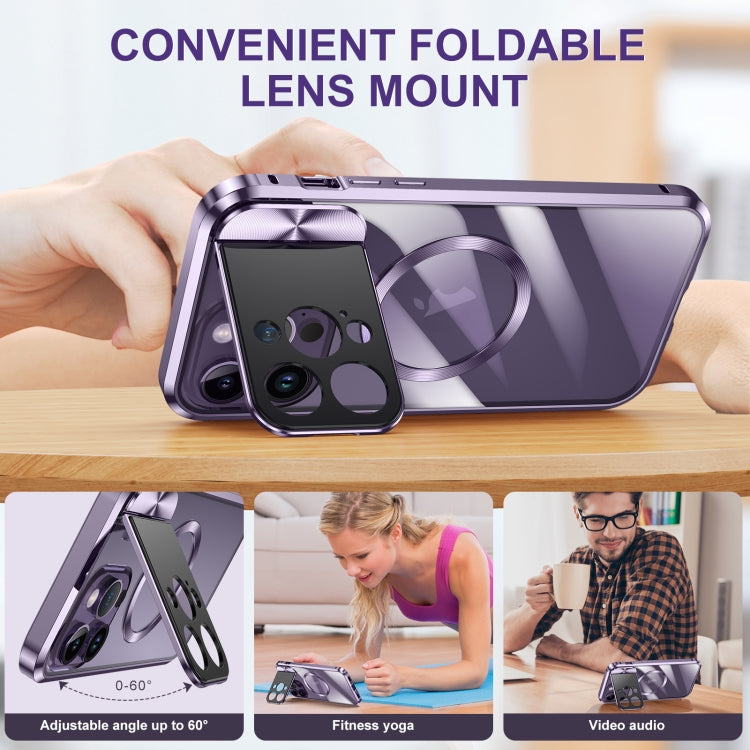 For iPhone 13 Large Window Holder MagSafe Magnetic Metal Phone Case(Purple) - iPhone 13 Cases by buy2fix | Online Shopping UK | buy2fix