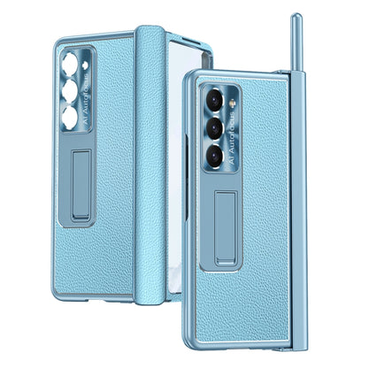 For Samsung Galaxy Z Fold5 Litchi Pattern Magnetic Shell Film Integrated Shockproof Phone Case(Far Peak Blue) - Galaxy Z Fold5 Cases by buy2fix | Online Shopping UK | buy2fix