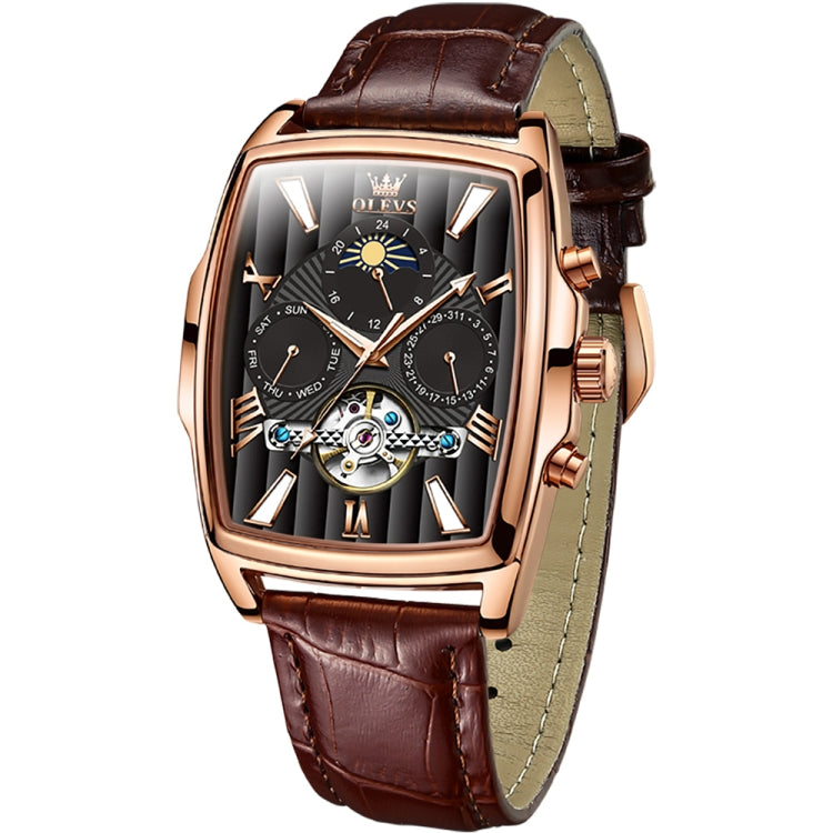 OLEVS 6675 Men Multifunctional Moon Phase Tourbillon Mechanical Watch(Black + Rose Gold) - Leather Strap Watches by OLEVS | Online Shopping UK | buy2fix