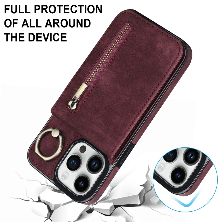 For iPhone 15 Pro Max Retro Ring and Zipper RFID Card Slot Phone Case(Wine Red) - iPhone 15 Pro Max Cases by buy2fix | Online Shopping UK | buy2fix