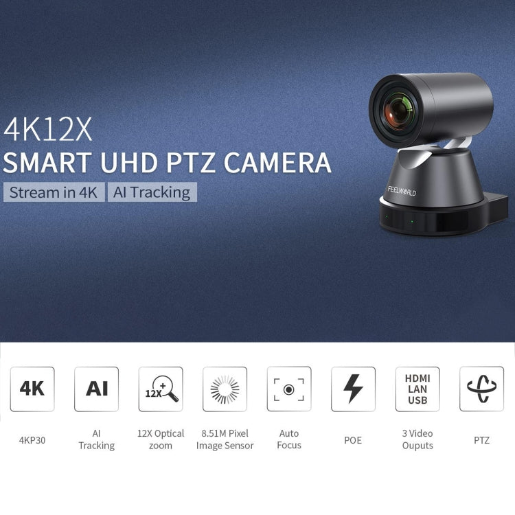 FEELWORLD 4K12X 4K PTZ Camera 12X Optical Zoom AI Tracking HDMI USB IP Remote Control(EU Plug) - HD Camera by FEELWORLD | Online Shopping UK | buy2fix