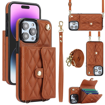 For iPhone 15 Pro Max Crossbody Rhombic Horizontal Wallet Leather Phone Case(Brown) - iPhone 15 Pro Max Cases by buy2fix | Online Shopping UK | buy2fix