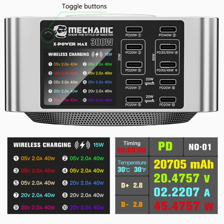 Mechanic X-Power Series Multiport Digital Display USB Charger Station with Wireless Charging, Total Power:200W(EU Plug) - Dock Charger by MECHANIC | Online Shopping UK | buy2fix