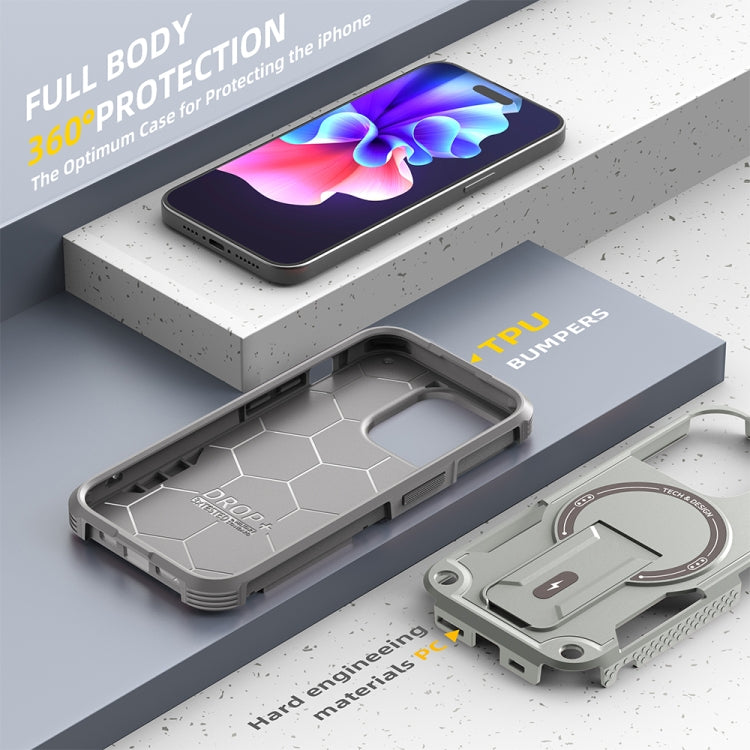 For iPhone 15 MagSafe Holder Armor PC Hybrid TPU Phone Case(Grey) - iPhone 15 Cases by buy2fix | Online Shopping UK | buy2fix