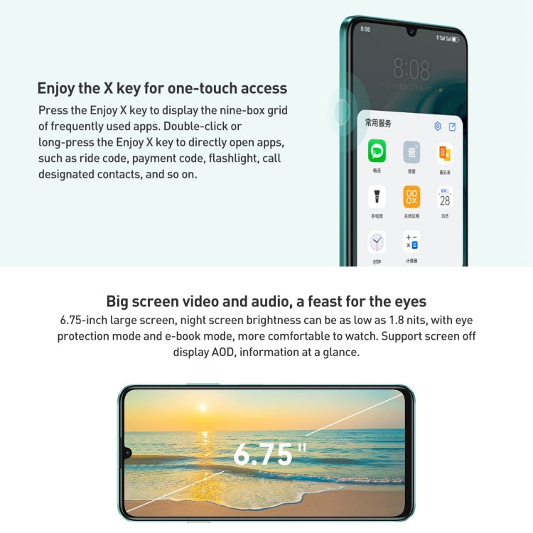 HUAWEI Enjoy 70, 8GB+128GB, Side Fingerprint Identification, 6.75 inch HarmonyOS 4.0 Kirin 710A Octa Core 2.0GHz, Network: 4G, OTG, Not Support Google Play(Green) - Huawei Mate & P by Huawei | Online Shopping UK | buy2fix