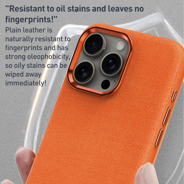 For iPhone 15 Plus Metal Lens Frame Leather Magsafe Full Coverage Shockproof Phone Case(Orange) - iPhone 15 Plus Cases by buy2fix | Online Shopping UK | buy2fix