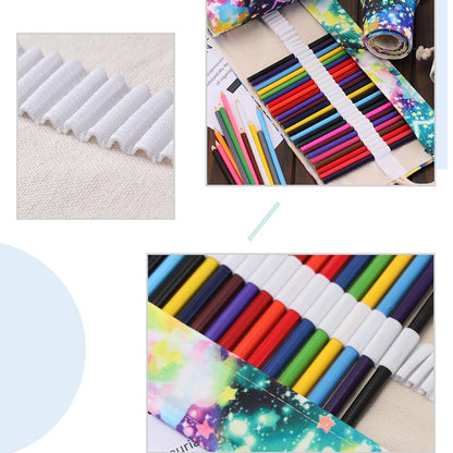 48 Slots Starry Sky Print Pen Bag Canvas Pencil Wrap Curtain Roll Up Pencil Case Stationery Pouch - Home & Garden by buy2fix | Online Shopping UK | buy2fix