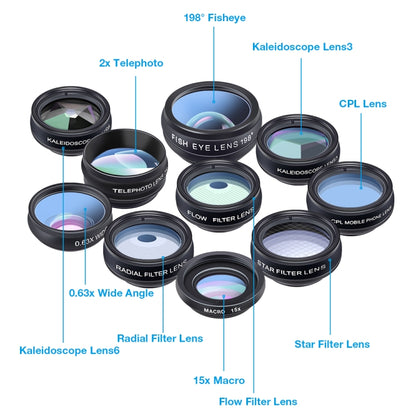APEXEL APL-DG10 Macro Wide-angle Fisheye Telephoto CPL Flow Filter Radial Filter Star Filter Kaleidoscope 3 & 6 Lens Kit, For iPhone, Samsung, Huawei, Xiaomi, HTC and Other Smartphones, Ultra-thin Digital Camera - Combination Lens by APEXEL | Online Shopping UK | buy2fix