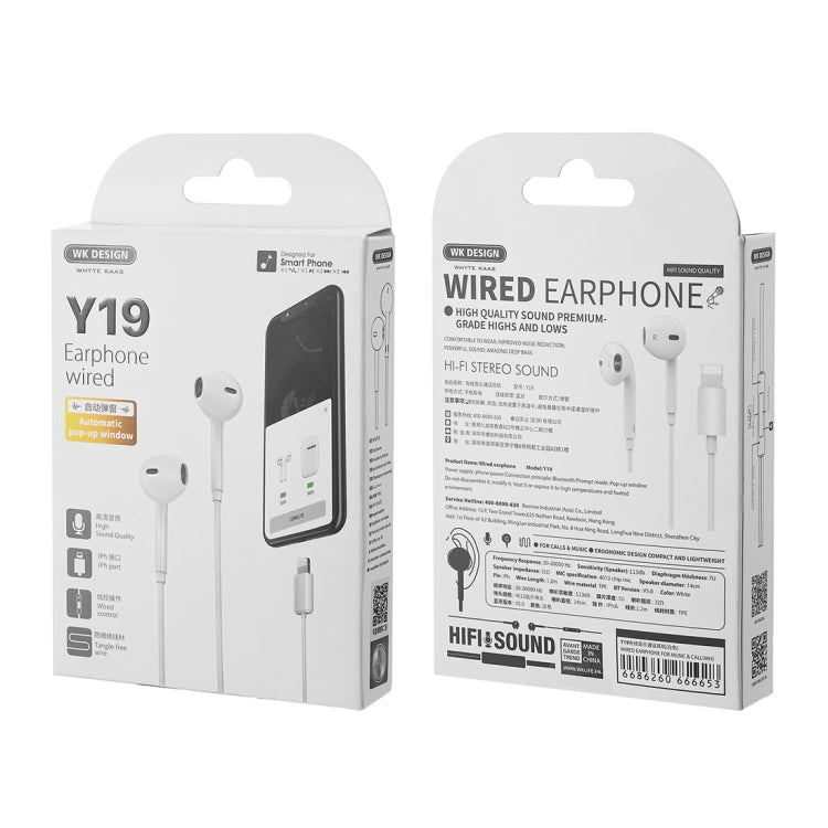 WK Y19  8 Pin In Ear Wired Control Music Earphone, Support Call, Cable Length: 1.2m (White) - In Ear Wired Earphone by WK | Online Shopping UK | buy2fix