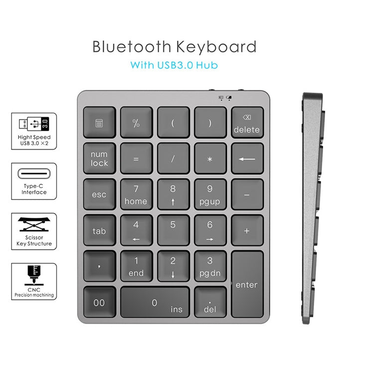 N970 Pro Dual Modes Aluminum Alloy Rechargeable Wireless Bluetooth Numeric Keyboard with USB HUB (Silver) - Mini Keyboard by buy2fix | Online Shopping UK | buy2fix