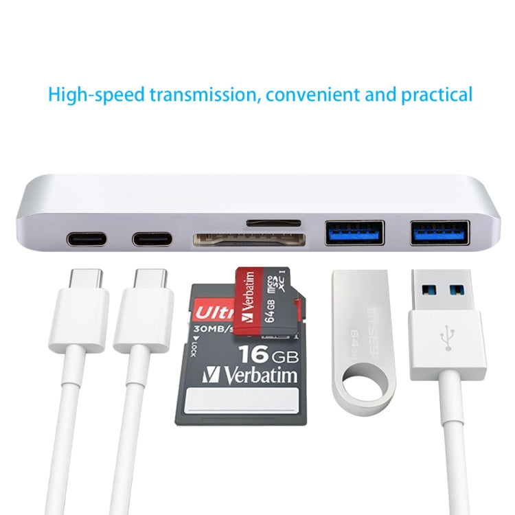 6 in 1 Multi-function Aluminium Alloy 5Gbps Transfer Rate Dual USB-C / Type-C HUB Adapter with 2 USB 3.0 Ports & 2 USB-C / Type-C Ports & SD Card Slot & TF Card Slot for Macbook 2015 / 2016 / 2017(Silver) - Computer & Networking by buy2fix | Online Shopping UK | buy2fix