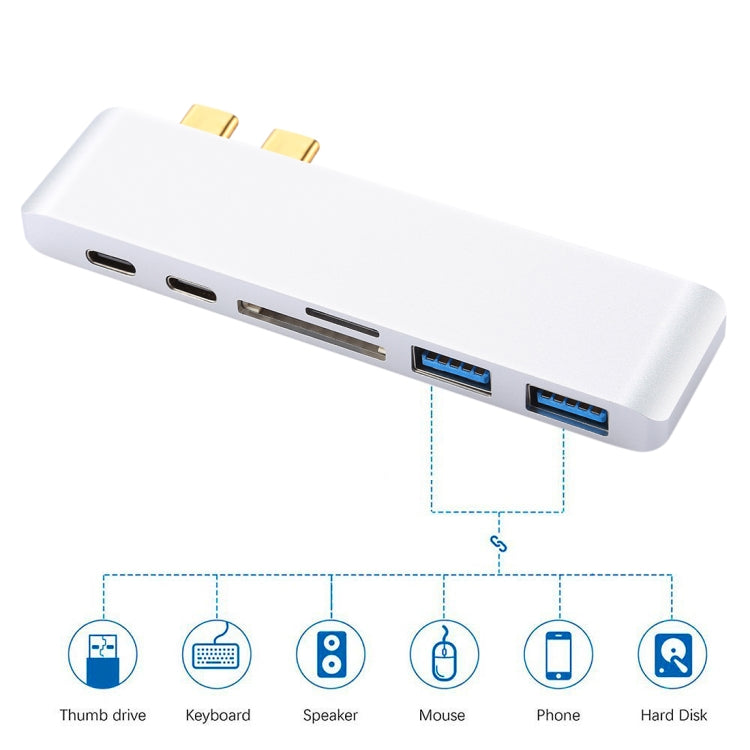 6 in 1 Multi-function Aluminium Alloy 5Gbps Transfer Rate Dual USB-C / Type-C HUB Adapter with 2 USB 3.0 Ports & 2 USB-C / Type-C Ports & SD Card Slot & TF Card Slot for Macbook 2015 / 2016 / 2017(Silver) - Computer & Networking by buy2fix | Online Shopping UK | buy2fix