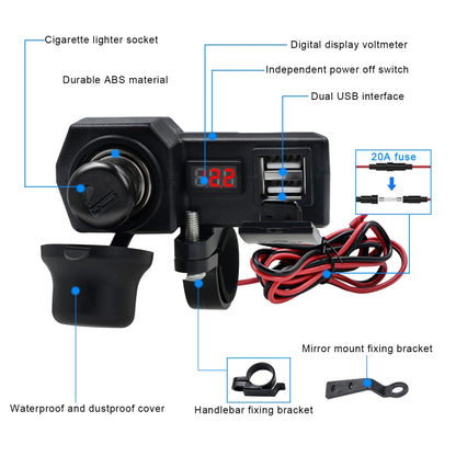 CS-1072B1 Motorcycle Dual USB Charger + Voltmeter with Cigarette Lighter & Cigarette Butts (Black) - Battery Charger by buy2fix | Online Shopping UK | buy2fix