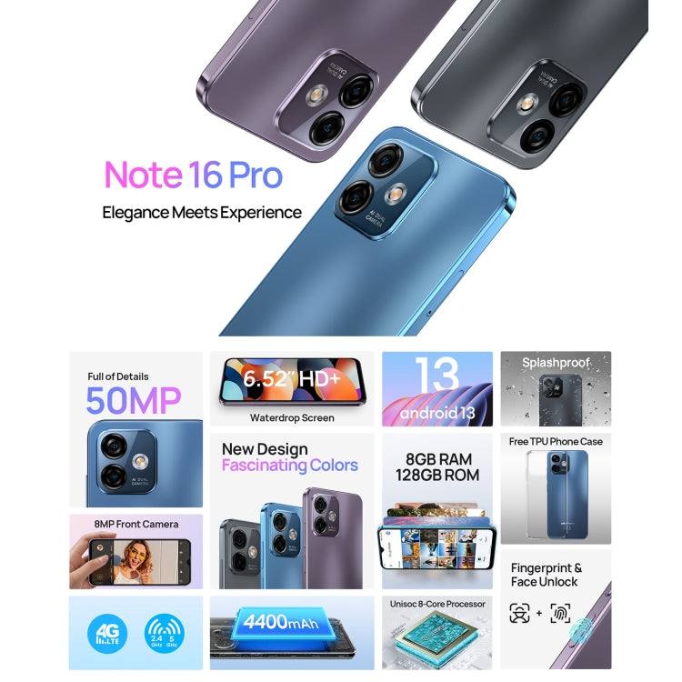 [HK Warehouse] Ulefone Note 16 Pro, 8GB+128GB, Dual Back Cameras, Face ID & Side Fingerprint Identification, 4400mAh Battery, 6.52 inch Android 13 Unisoc T606 OctaCore up to 1.6GHz, Network: 4G, Dual SIM, OTG(Blue) - Ulefone by Ulefone | Online Shopping UK | buy2fix