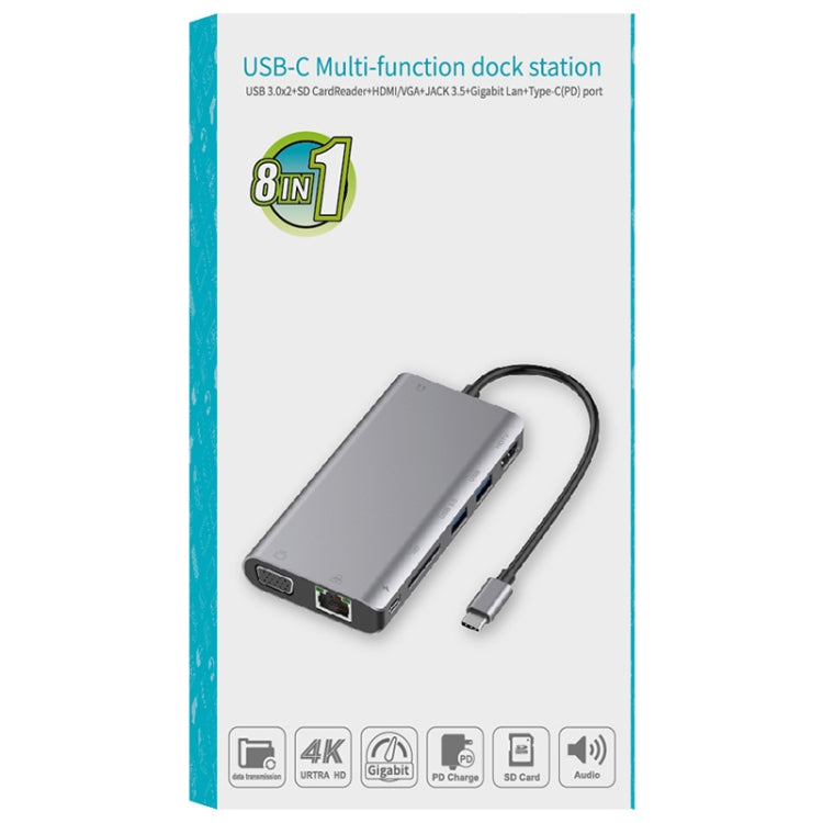 Onten 9591BD 8 in 1 USB-C / Type-C to PD USB-C / Type-C Charging + Gigabit Ethernet + Dual USB 3.0 + HDMI + VGA + SD Card Slot + 3.5mm AUX HUB(Grey) - Computer & Networking by Onten | Online Shopping UK | buy2fix