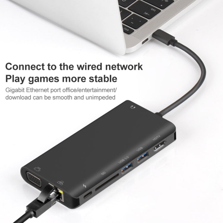 Onten 9591BD 8 in 1 USB-C / Type-C to PD USB-C / Type-C Charging + 100M Ethernet Port + Dual USB 3.0 + HDMI + VGA + SD Card Slot + 3.5mm AUX HUB (Black) - USB HUB by Onten | Online Shopping UK | buy2fix