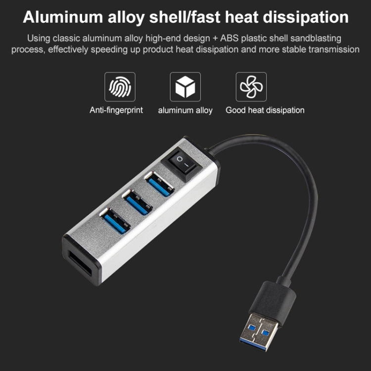 USB to 4 USB 3.0 Ports Aluminum Alloy HUB with Switch(Silver) - USB 3.0 HUB by buy2fix | Online Shopping UK | buy2fix