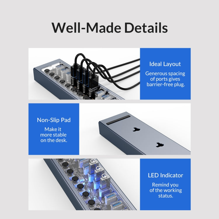 ORICO AT2U3-13AB-GY-BP 13 Ports USB 3.0 HUB with Individual Switches & Blue LED Indicator, EU Plug - USB 3.0 HUB by ORICO | Online Shopping UK | buy2fix