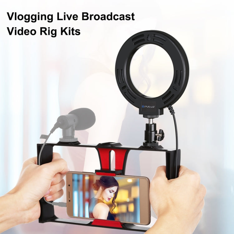 PULUZ 2 in 1 Vlogging Live Broadcast Smartphone Video Rig + 4.7 inch 12cm Ring LED Selfie Light Kits with Cold Shoe Tripod Head for iPhone, Galaxy, Huawei, Xiaomi, HTC, LG, Google, and Other Smartphones(Red) - Camera Cage by PULUZ | Online Shopping UK | buy2fix