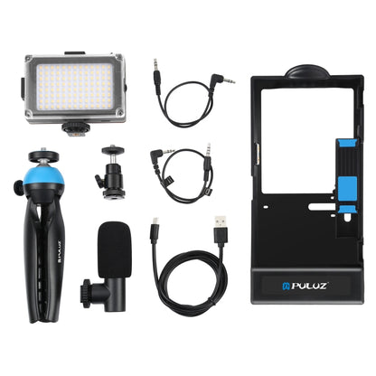 PULUZ 4 in 1 Bluetooth Handheld Vlogging Live Broadcast LED Selfie Light Smartphone Video Rig Kits with Microphone + Tripod Mount + Cold Shoe Tripod Head for iPhone, Galaxy, Huawei, Xiaomi, HTC, LG, Google, and Other Smartphones(Blue) - Camera Cage by PULUZ | Online Shopping UK | buy2fix