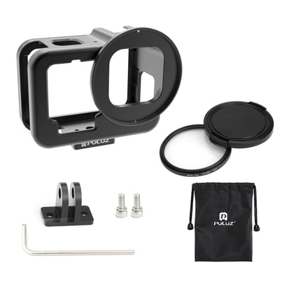 For GoPro HERO13 Black /12 Black /11 Black /10 Black /9 Black PULUZ Thin Housing Shell CNC Aluminum Alloy Protective Cage with Insurance Frame & 52mm UV Lens(Black) - Metal Cases by PULUZ | Online Shopping UK | buy2fix