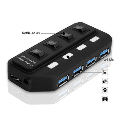 4 Ports USB 3.0 Hub with Individual Switches for each Data Transfer Ports(Black) - USB 3.0 HUB by buy2fix | Online Shopping UK | buy2fix