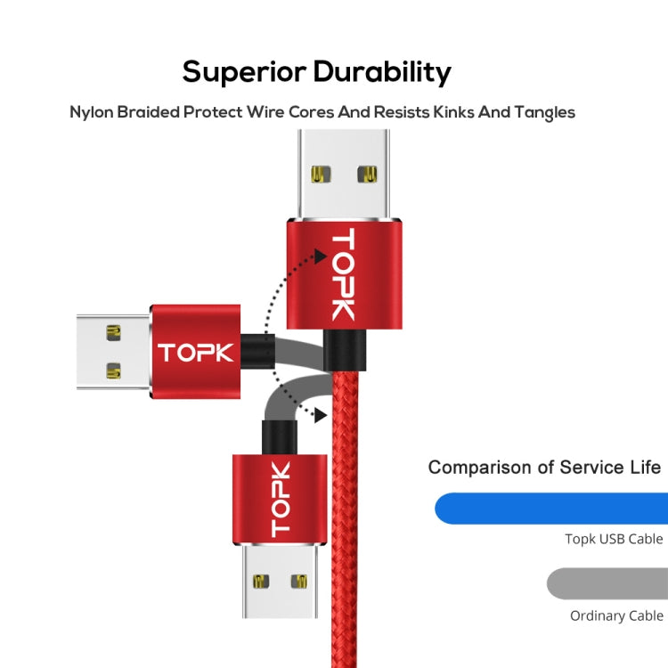 TOPK 2m 2.4A Max USB to Micro USB Nylon Braided Magnetic Charging Cable with LED Indicator(Red) - Mobile Accessories by TOPK | Online Shopping UK | buy2fix