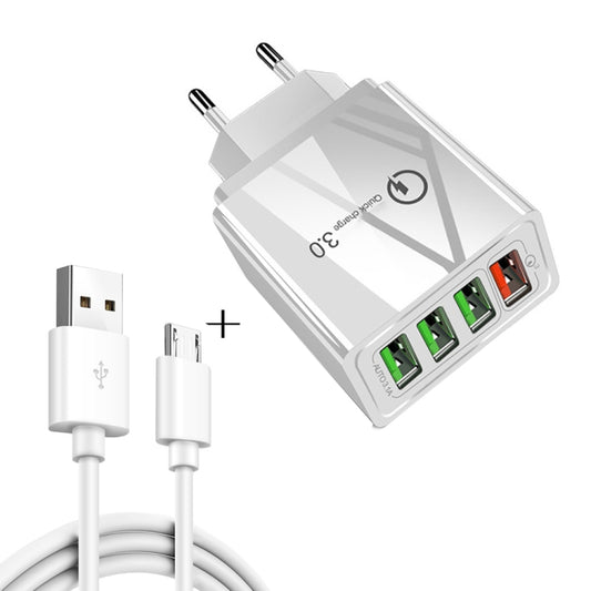 2 in 1 1m USB to Micro USB Data Cable + 30W QC 3.0 4 USB Interfaces Mobile Phone Tablet PC Universal Quick Charger Travel Charger Set, EU Plug(White) - Mobile Accessories by buy2fix | Online Shopping UK | buy2fix