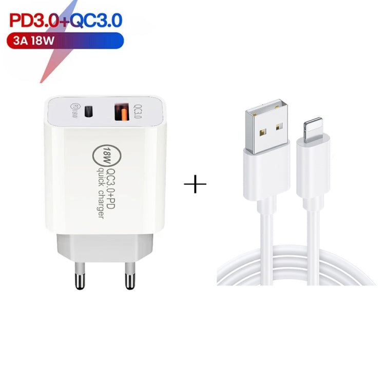 SDC-18W 18W PD 3.0 Type-C / USB-C + QC 3.0 USB Dual Fast Charging Universal Travel Charger with USB to 8 Pin Fast Charging Data Cable, EU Plug - Mobile Accessories by buy2fix | Online Shopping UK | buy2fix