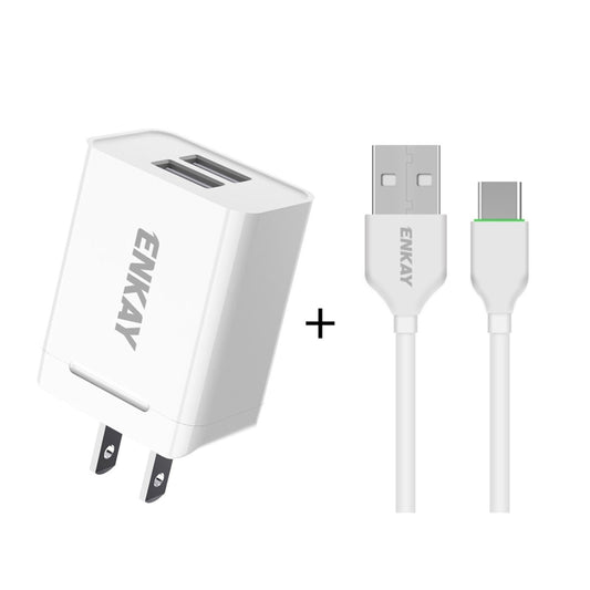 ENKAY Hat-Prince U008-1 10.5W 2.1A Dual USB Charging US Plug Travel Power Adapter With 2.1A 1m Type-C Cable - Mobile Accessories by ENKAY | Online Shopping UK | buy2fix