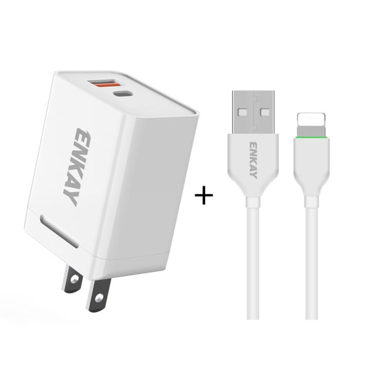 ENKAY Hat-Prince U033 18W 3A PD + QC3.0 Dual USB Fast Charging Power Adapter US Plug Portable Travel Charger With 1m 3A 8 Pin Cable - Mobile Accessories by ENKAY | Online Shopping UK | buy2fix