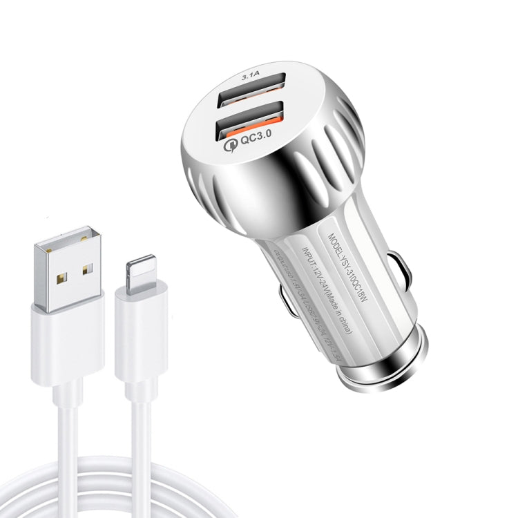 YSY-310QC18W QC3.0 Dual Port USB Car Charger + 3A USB to 8 Pin Data Cable, Cable Length: 1m(White) - Car Charger by buy2fix | Online Shopping UK | buy2fix