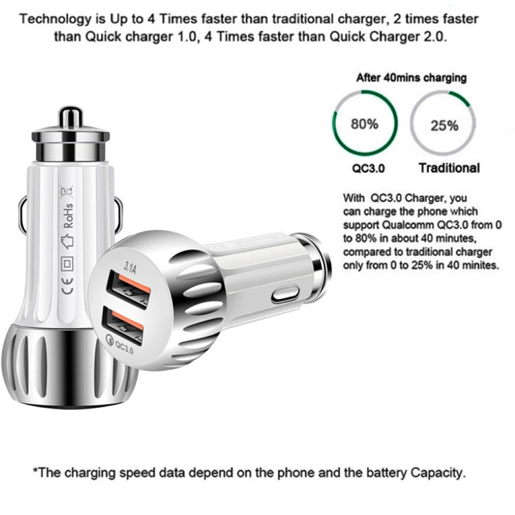 YSY-310QC18W QC3.0 Dual Port USB Car Charger + 3A USB to 8 Pin Data Cable, Cable Length: 1m(White) - Car Charger by buy2fix | Online Shopping UK | buy2fix