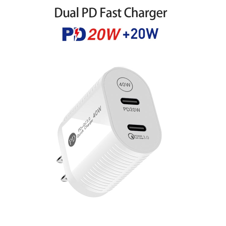 40W Dual Port PD / Type-C Fast Charger with Type-C to 8 Pin Data Cable, US Plug(White) - USB Charger by buy2fix | Online Shopping UK | buy2fix