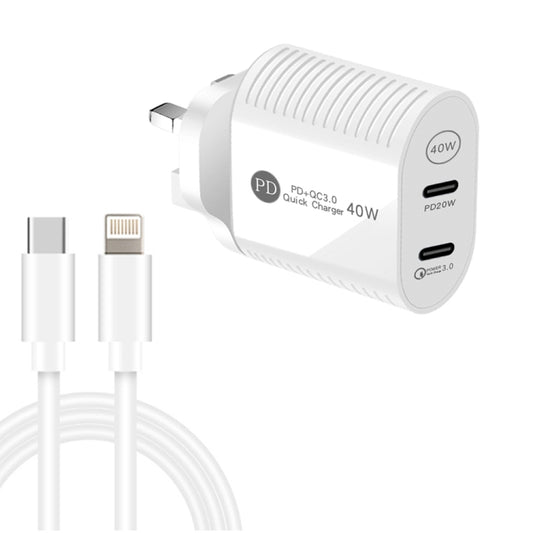 40W Dual Port PD / Type-C Fast Charger with Type-C to 8 Pin Data Cable, UK Plug(White) - USB Charger by buy2fix | Online Shopping UK | buy2fix