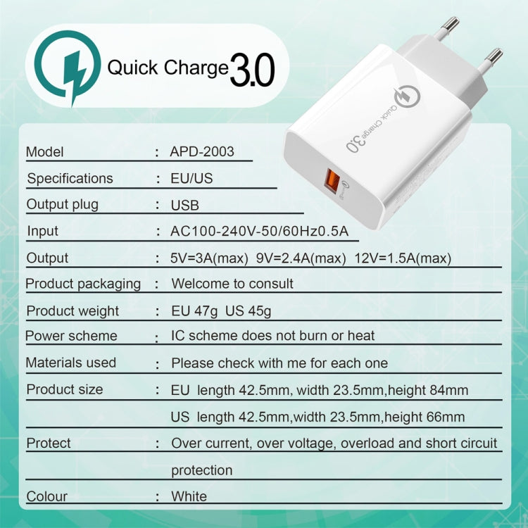 APD-2003 18W QC3.0 Single Port USB Travel Charger for Mobile Phone / Tablet(US Plug) - Mobile Accessories by buy2fix | Online Shopping UK | buy2fix