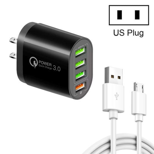 QC-04 QC3.0 + 3 x USB2.0 Multi-ports Charger with 3A USB to Micro USB Data Cable, US Plug(Black) - Mobile Accessories by buy2fix | Online Shopping UK | buy2fix