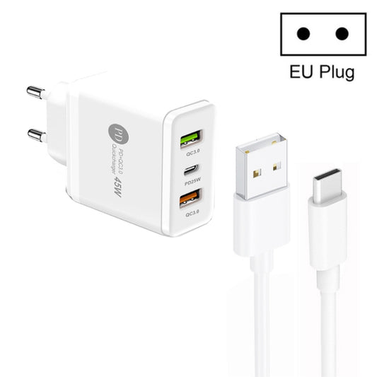 45W PD25W + 2 x QC3.0 USB Multi Port Charger with USB to Type-C Cable, EU Plug(White) - Mobile Accessories by buy2fix | Online Shopping UK | buy2fix