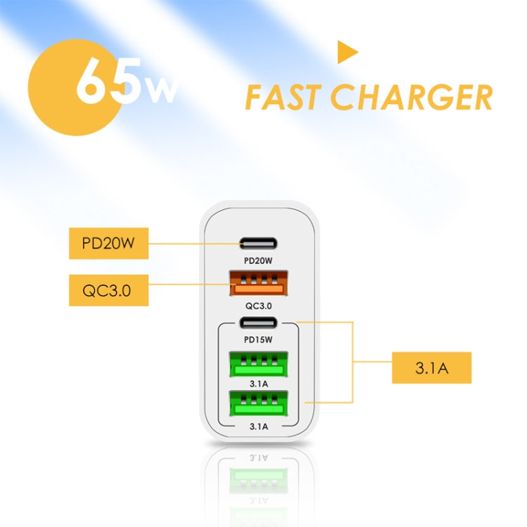 65W Dual PD Type-C + 3 x USB Multi Port Charger with 3A Type-C to Type-C Data Cable, UK Plug(Black) - Mobile Accessories by buy2fix | Online Shopping UK | buy2fix