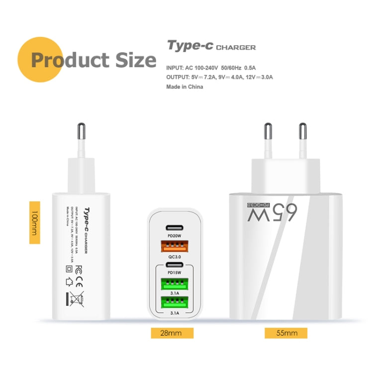 65W Dual PD Type-C + 3 x USB Multi Port Charger with 3A Type-C to 8 Pin Data Cable, EU Plug(White) - USB Charger by buy2fix | Online Shopping UK | buy2fix