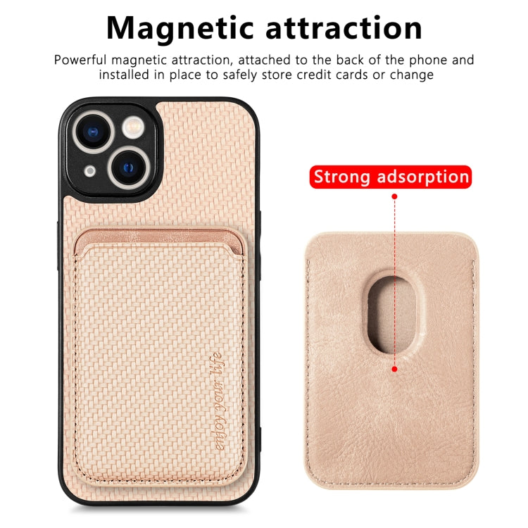 For iPhone 13 Carbon Fiber Leather Card Magsafe Magnetic Phone Case(Khaki) - iPhone 13 Cases by buy2fix | Online Shopping UK | buy2fix