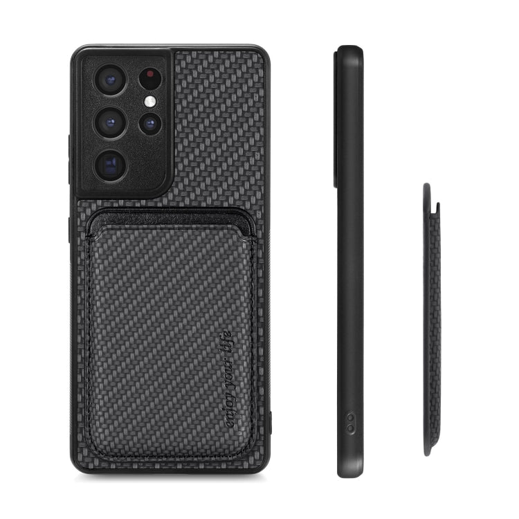 For Samsung Galaxy S21 Ultra 5G Carbon Fiber Leather Card Magsafe Magnetic Phone Case(Black) - Galaxy S21 Ultra 5G Cases by buy2fix | Online Shopping UK | buy2fix