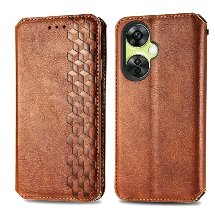 For OnePlus Nord CE 3 Lite Cubic Grid Pressed Magnetic Leather Phone Case(Brown) - OnePlus Cases by buy2fix | Online Shopping UK | buy2fix