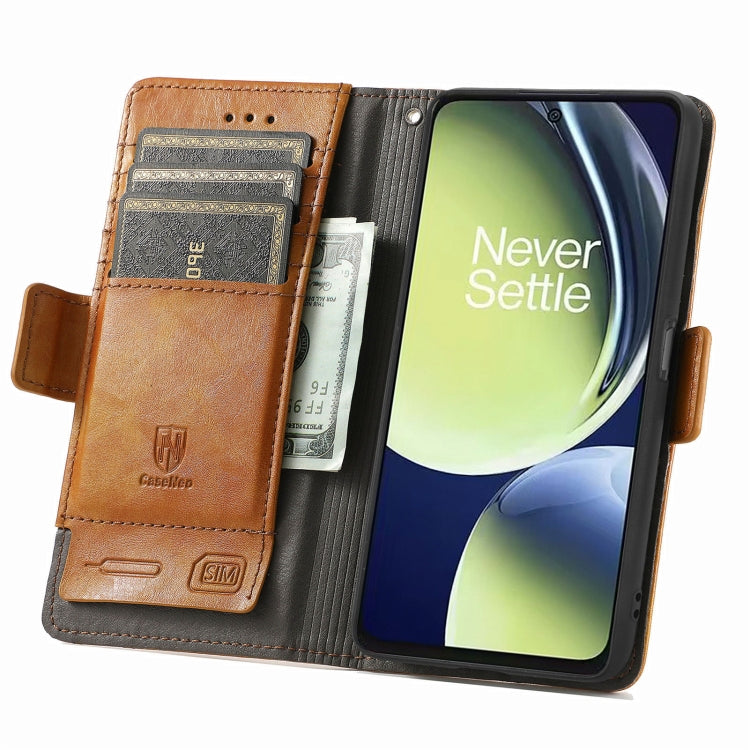 For OnePlus Nord CE 3 Lite CaseNeo Splicing Dual Magnetic Buckle Leather Phone Case(Khaki) - OnePlus Cases by buy2fix | Online Shopping UK | buy2fix