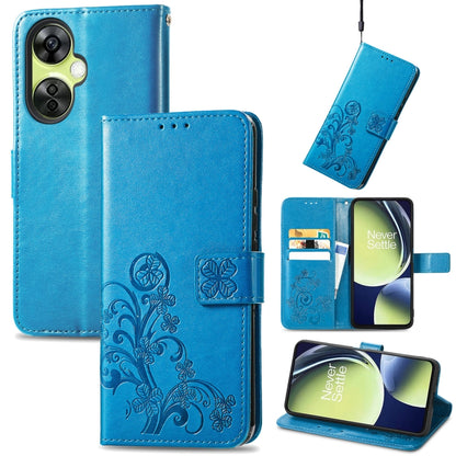 For OnePlus Nord CE 3 Lite Four-leaf Clasp Embossed Buckle Leather Phone Case(Blue) - OnePlus Cases by buy2fix | Online Shopping UK | buy2fix