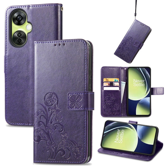 For OnePlus Nord CE 3 Lite Four-leaf Clasp Embossed Buckle Leather Phone Case(Purple) - OnePlus Cases by buy2fix | Online Shopping UK | buy2fix