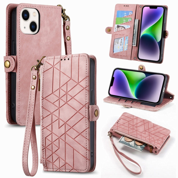 For iPhone 14 Geometric Zipper Wallet Side Buckle Leather Phone Case(Pink) - iPhone 14 Cases by buy2fix | Online Shopping UK | buy2fix