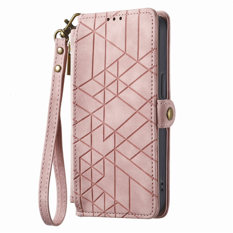 For iPhone 14 Plus Geometric Zipper Wallet Side Buckle Leather Phone Case(Pink) - iPhone 14 Plus Cases by buy2fix | Online Shopping UK | buy2fix