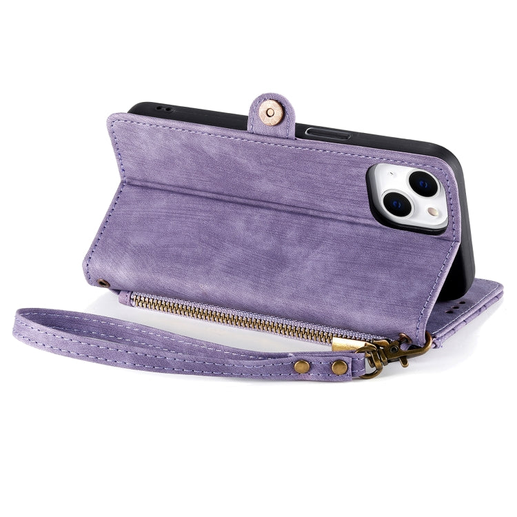 For iPhone 15 Plus Geometric Zipper Wallet Side Buckle Leather Phone Case(Purple) - iPhone 15 Plus Cases by buy2fix | Online Shopping UK | buy2fix